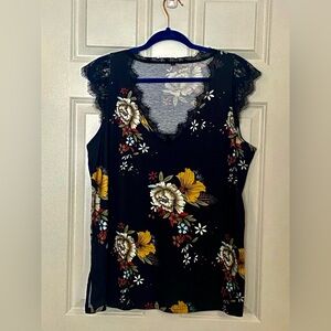 Black Floral Blouse with Lace Trim (NEVER WORN)